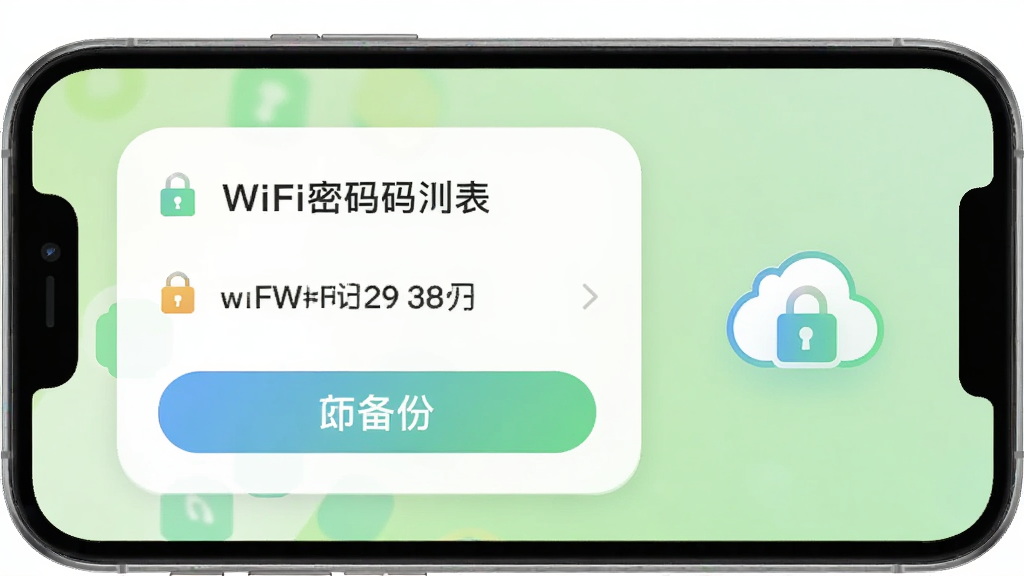 手机界面展示WiFi密码列表与备份按钮,旁边有锁形图标与云朵备份符号,背景为浅绿色渐变,整体采用柔和圆角卡片式布局,风格简洁明快,画质干净,无多余文字装饰