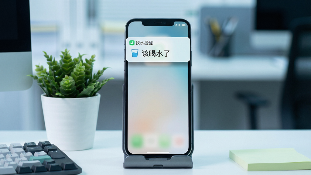 画面主体是一部手机弹出“益身康”应用的饮水提醒通知,通知卡片上有水杯图标和“该喝水了”字样;手机立在办公桌的支架上,桌面有键盘一角、绿植盆栽和便签纸;布局为正面平视构图,手机居中,背景为虚化的办公环境;排版干净,通知卡片位于屏幕上方;风格为现代办公场景,色调清爽偏冷;细节包括屏幕通知阴影自然、桌面物品摆放有序、绿植叶片清晰;画质清晰,干净,无多余元素。