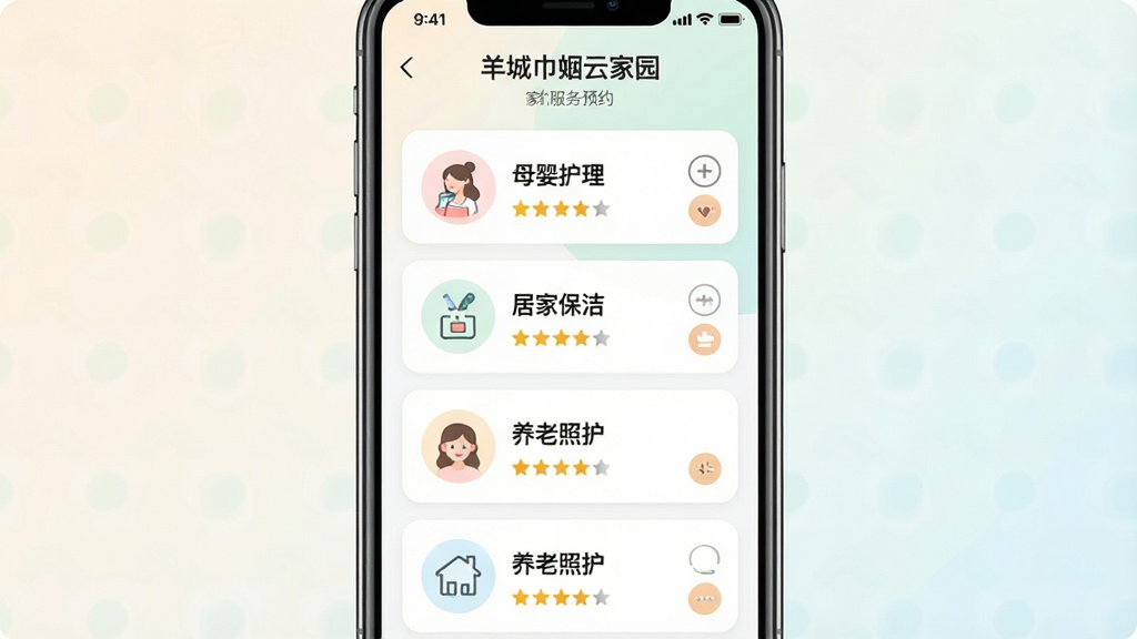 一张展示家政服务预约界面的手机应用截图,画面中央为手机屏幕,屏幕内显示“羊城巾帼云家园”家政服务列表页,包含母婴护理、居家保洁、养老照护等分类卡片,每张卡片配有简洁图标和文字说明,背景为浅色渐变,风格清新柔和,布局采用纵向列表排版,细节包括圆角按钮和星级评分标识,画质清晰,画面干净,无多余元素