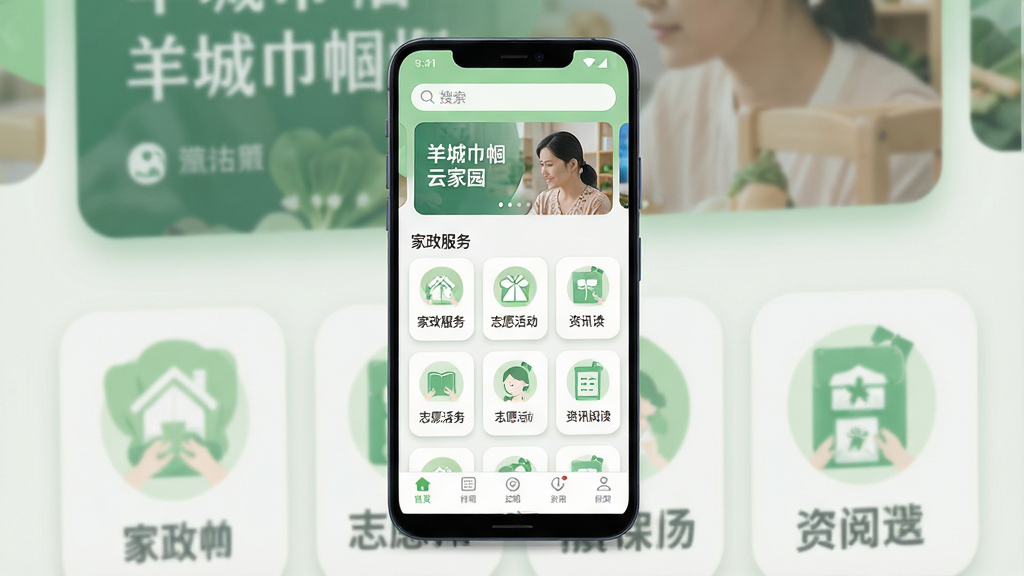 一张手机应用界面展示图,主体为一部竖屏安卓手机,屏幕中显示“羊城巾帼云家园”应用首页,页面顶部有搜索栏和轮播图,中部为家政服务、志愿活动、资讯阅读等功能图标网格,底部为导航栏,布局清晰整洁,风格为清新浅绿色与白色搭配的现代扁平化设计,细节包括圆角卡片、柔和阴影和简洁图标,画质高清,画面干净,无多余元素