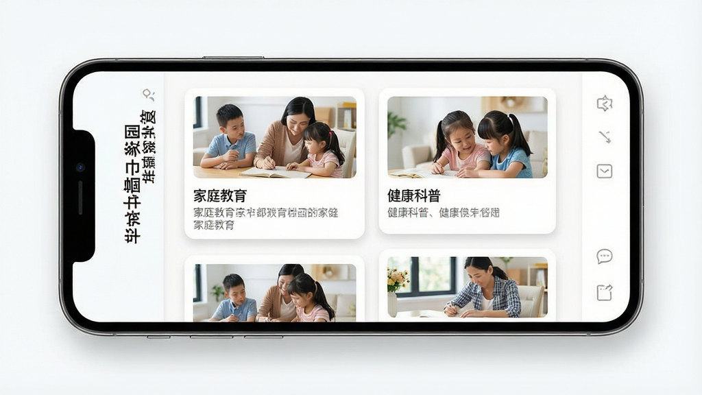 一张手机应用资讯阅读页面的展示图,主体为一部横向放置的智能手机,屏幕中显示“羊城巾帼云家园”资讯频道,页面包含家庭教育、健康科普等文章卡片,每张卡片有缩略图和标题文字,排版采用双列网格布局,风格为明亮简约的现代设计,细节包括柔和的卡片阴影和清晰字体,画质高清,画面干净,无多余元素