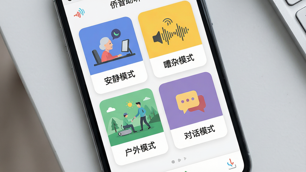 画面主体为一部手机屏幕特写,屏幕内以卡片形式排列展示“安静模式”“嘈杂模式”“户外模式”“对话模式”四个选项图标,每张卡片配有对应场景的小插图,手机放置于浅灰色台面上,布局采用俯视平铺构图,风格为清新扁平化UI展示风,细节上突出卡片图标的辨识度与色彩区分,画质清晰锐利,画面中可出现文字“侨音助听”,整体干净无杂乱