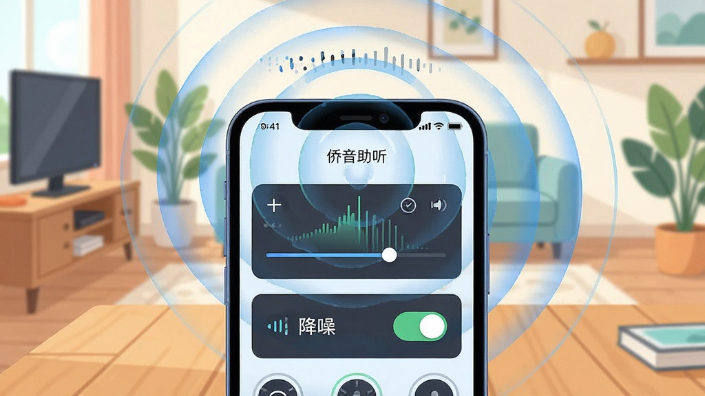 画面主体为一部手机放置于木质桌面上,手机顶部麦克风位置有象征声波采集的同心圆波纹向外扩散,手机屏幕内显示音频增益调节面板与降噪开关,背景为居家客厅环境,布局采用中心聚焦构图,风格为科技感扁平插画风,细节上突出声波扩散的层次感与界面控件的清晰度,画质干净明亮,画面中可出现文字“侨音助听”,无多余元素