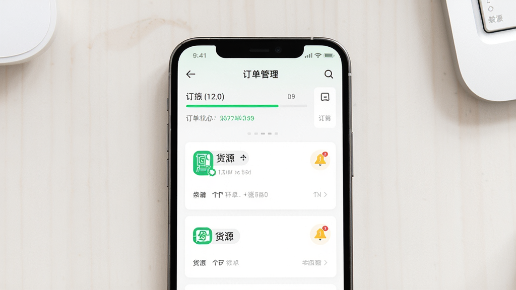 画面主体为一部竖屏手机展示大货车司机端应用的订单管理界面,布局为手机居中放置于简洁的浅色桌面背景上,排版突出屏幕内容,风格为现代科技产品展示风,细节包括界面上的订单状态进度条、货源卡片与提醒图标,画质高清,画面干净,无多余元素