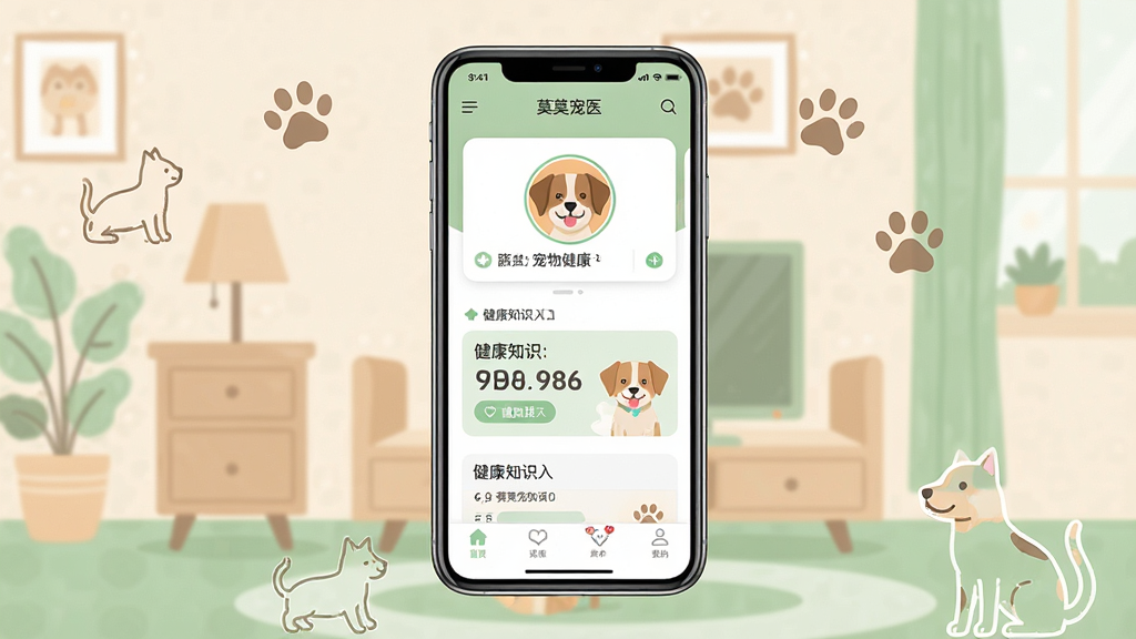 一张展示莫莫宠医应用主界面的手机界面图,画面中央是一部竖屏智能手机,屏幕上显示宠物健康咨询类应用的首页布局,包含宠物头像卡片、健康知识入口和底部导航栏,背景为浅米色与淡绿色搭配的温馨居家环境,周围点缀猫爪印和简笔宠物轮廓元素,整体风格清新简洁,扁平化设计,画质清晰干净,无多余装饰元素