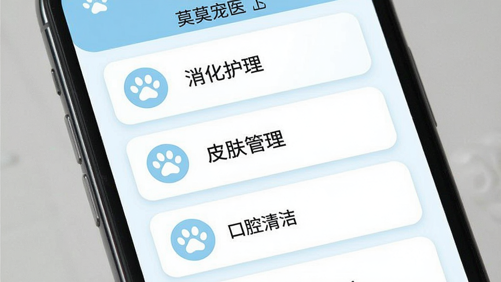 一款名为“莫莫宠医”的手机应用界面展示图,画面主体为手机屏幕特写,屏幕上呈现宠物健康知识分类列表,包含消化护理、皮肤管理、口腔清洁等条目,布局为纵向卡片式排列,风格为清爽的浅蓝白配色,细节处带有爪印图标和圆角卡片,画质清晰,界面干净整洁,无多余元素