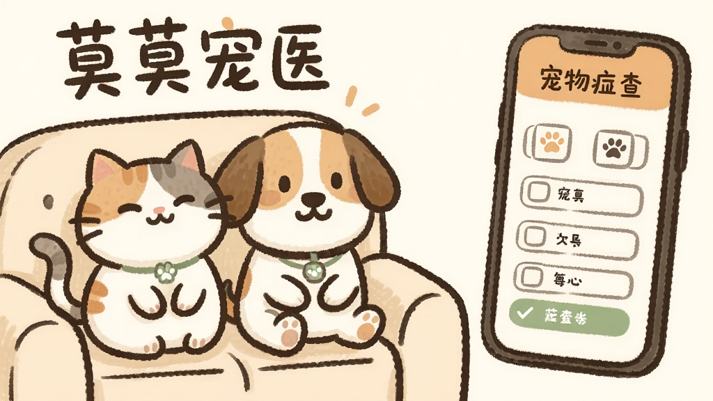 一幅以“莫莫宠医”为主题的插画,画面左侧是一只卡通猫咪和一只卡通小狗并排坐在沙发上,右侧悬浮着一部手机,手机屏幕上显示宠物症状自查的选择界面,整体构图左右平衡,风格为温暖的手绘扁平插画,配色以米白、浅橙和淡绿为主,细节处有轻微的阴影层次,画质细腻干净,画面无杂乱元素