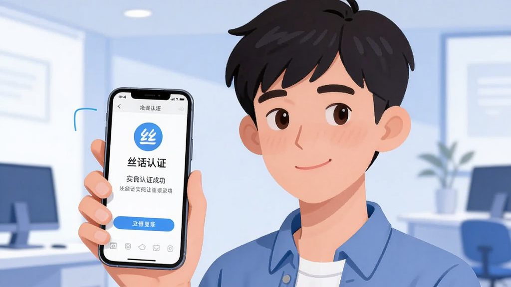 画面主体为一位年轻用户手持手机完成人脸识别认证,手机屏幕显示“丝话”实名认证成功页面,背景为简洁的蓝白色调办公环境,人物表情自然,插画风格,构图居中,细节清晰,画质干净,无多余元素