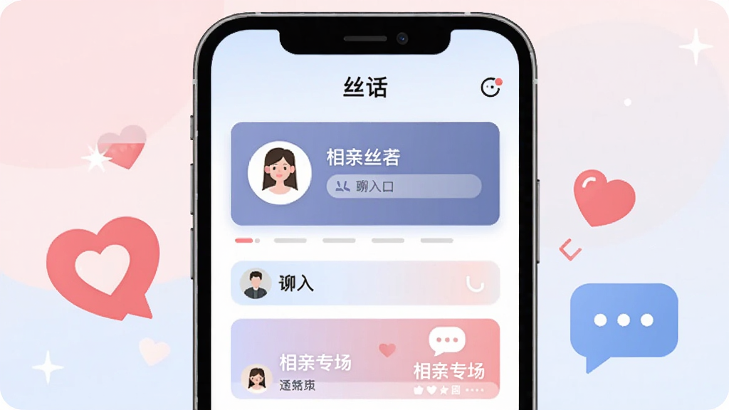 画面中央放置一部智能手机,屏幕显示“丝话”应用主界面,界面中包含用户头像卡片、聊天入口与相亲专场入口,手机两侧分布心形图标与对话气泡,背景为柔和的浅粉与浅蓝渐变,整体采用扁平化插画风格,细节清晰,画质干净,无多余元素