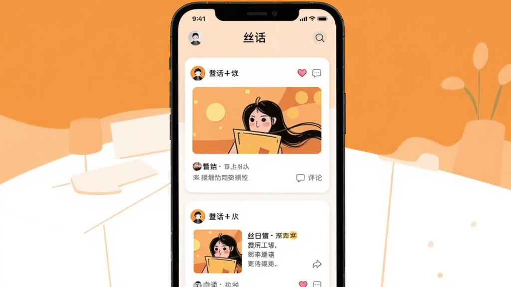 画面展示“丝话”动态广场页面,手机屏幕中排列多条用户动态卡片,包含照片与文字,旁边有点赞和评论图标,背景为暖橙色与白色搭配的简约场景,扁平插画风格,主体突出,画质干净,无多余元素