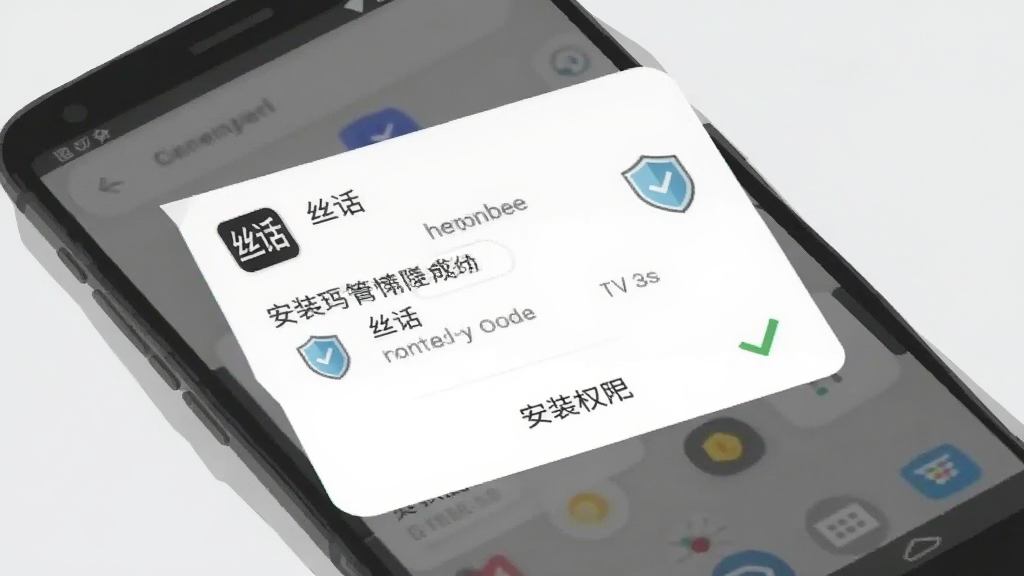 画面展示一部安卓手机屏幕弹出“丝话”安装权限设置界面,旁边有盾牌图标与勾选标记,背景为浅灰色简洁场景,扁平插画风格,界面文字清晰,画质干净,无多余元素