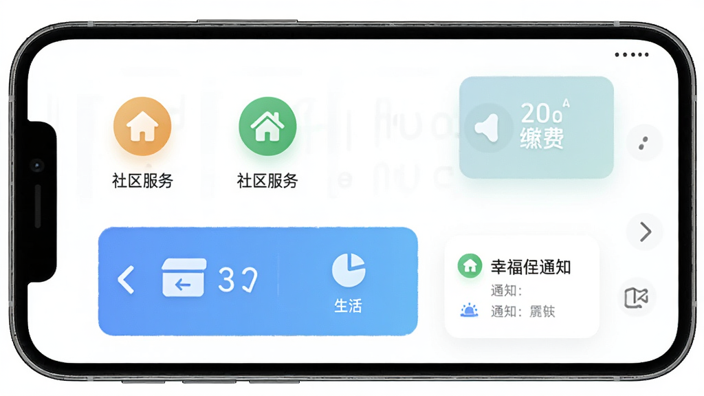 幸福云APP官方主界面展示,手机屏幕居中,画面包含社区服务图标、生活缴费入口与通知栏,整体布局简洁清晰,风格现代扁平化,细节精致,画质干净,无多余元素