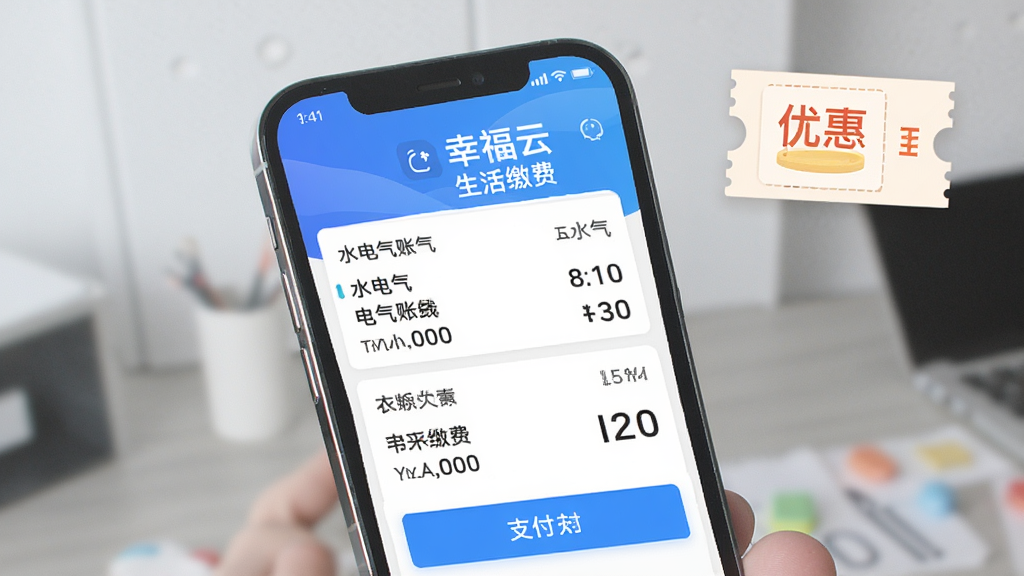 幸福云APP生活缴费页面,手机屏幕显示水电气账单列表与支付按钮,背景有优惠券图标点缀,排版整齐,风格简约商务,细节明确,画质干净,无多余元素