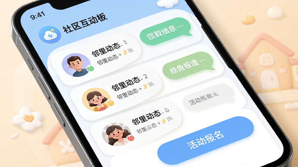 幸福云APP社区互动板块,手机屏幕展示邻里动态列表与活动报名按钮,画面中有居民头像与消息气泡,布局活泼,风格柔和圆角,细节丰富,画质干净,无多余元素