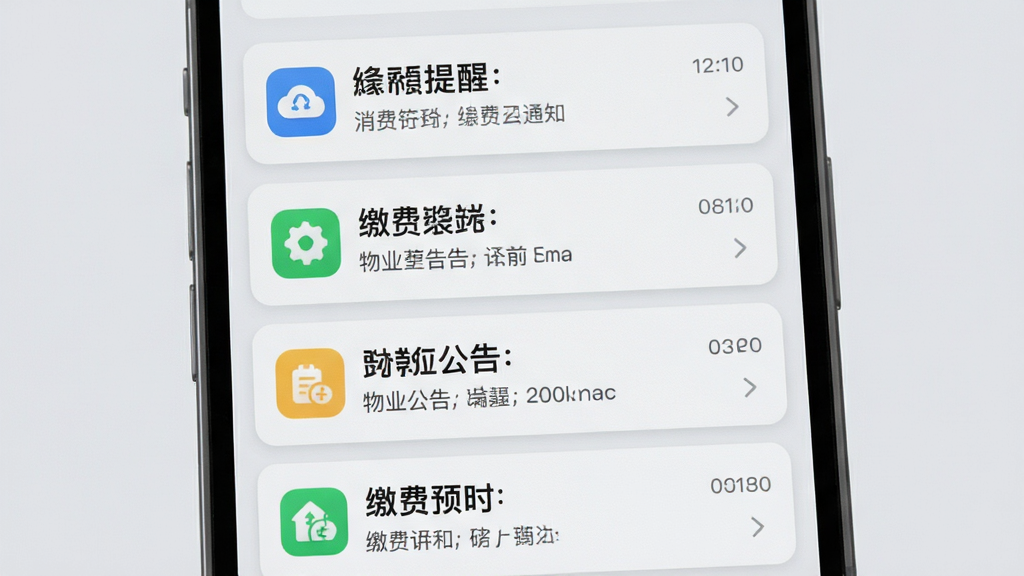 幸福云APP消息通知中心界面,手机屏幕排列多条通知卡片,包含缴费提醒与物业公告,图标清晰,布局有序,风格浅灰质感,细节到位,画质干净,无多余元素