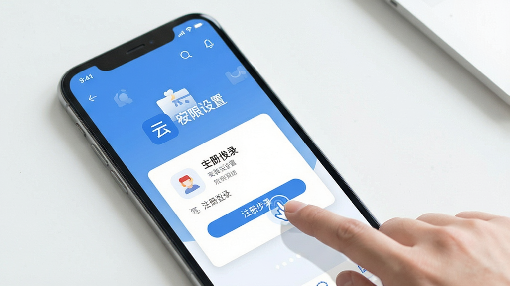幸福云APP新手操作引导页面,手机屏幕显示安装权限设置与注册登录步骤示意,画面中有手指点击图标,布局清晰,风格清爽素雅,细节明确,画质干净,无多余元素