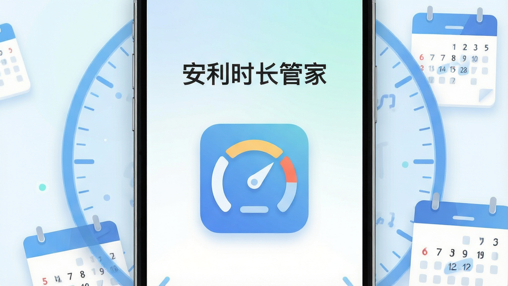 画面主体为一款智能手机正面展示应用界面,屏幕中央是“安利时长管家”文字标题与简洁的时间管理仪表盘图标,布局采用居中对称构图,手机两侧环绕淡蓝色时间刻度与日历元素,风格为扁平化科技插画,细节包含柔和的渐变背景、清晰的图标线条与轻量阴影,画质为高清2K,干净简洁,无多余元素。
