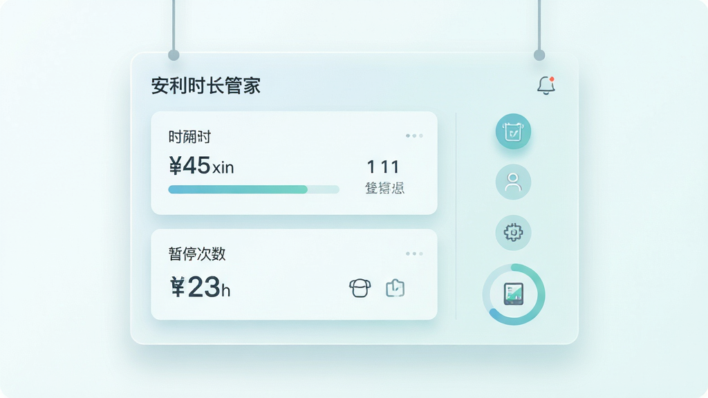 画面主体为一块悬浮的半透明信息面板,面板上用整齐的卡片式布局展示“安利时长管家”名称与时长数据条、暂停次数圆环图,布局为左右分栏,左侧数据卡片右侧图标示意,风格为现代扁平化UI插画,细节包含柔和的蓝绿色调、细线图标与轻投影,画质高清,干净整洁,无多余装饰元素。