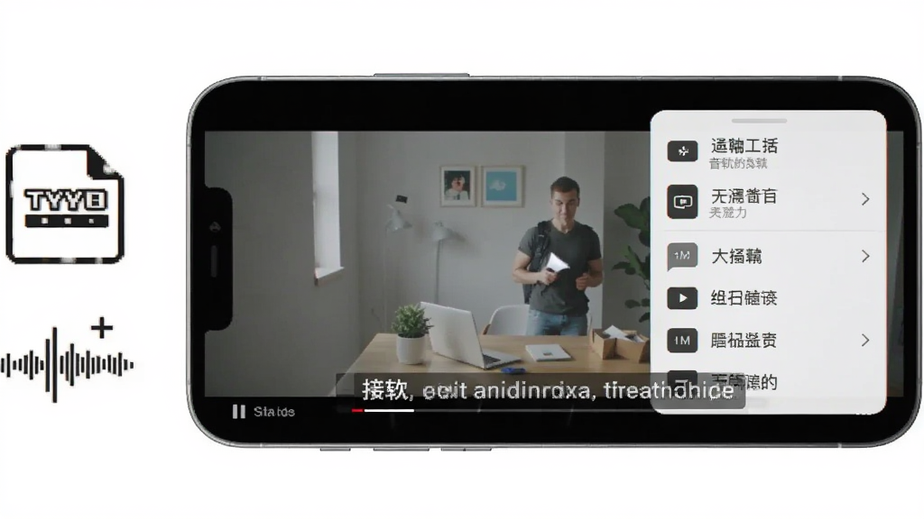 手机屏幕显示视频播放画面,画面下方叠加半透明字幕条,屏幕右侧弹出音轨选择菜单,手机旁边放置字幕文件图标与音频波形符号,布局为居中偏右构图,风格为简洁现代风,细节上字幕文字清晰可辨,画质干净无多余元素