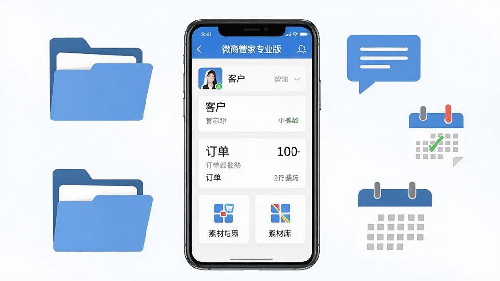 画面中央放置一部智能手机,屏幕显示“微商管家专业版”应用主界面,界面中包含客户列表、订单卡片与素材库图标,手机周围环绕文件夹、对话气泡与日历提醒等扁平化元素,整体采用蓝白配色,布局左右均衡,风格简洁商务,细节清晰,画质干净,无多余元素