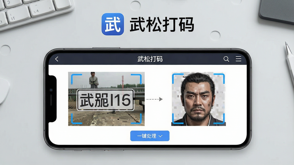 画面中央展示一部智能手机,屏幕上显示“武松打码”软件界面,界面中有智能识别车牌与人脸的打码效果对比图,左侧为原图右侧为打码后效果,背景为简洁的浅灰色工作台,排版采用上下结构上方为软件Logo与名称“武松打码”,下方为功能展示区,风格为现代扁平化科技风,细节包含打码马赛克纹理、智能识别框、一键处理按钮,画质清晰干净无多余元素