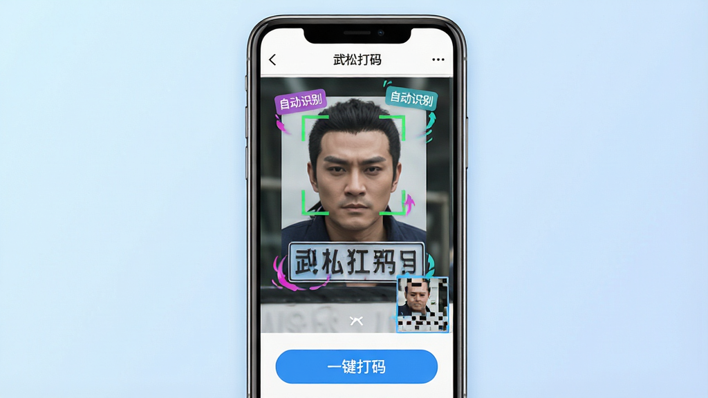 画面展示“武松打码”软件自动识别界面,手机屏幕中一张包含人脸与车牌的图片被多个彩色识别框标注,识别框旁显示“自动识别”标签,屏幕下方有“一键打码”按钮,整体布局为手机居中放置,背景为淡蓝色渐变,风格为清爽科技感,细节包含识别框动画效果、马赛克预览小图,画质高清干净无杂乱元素