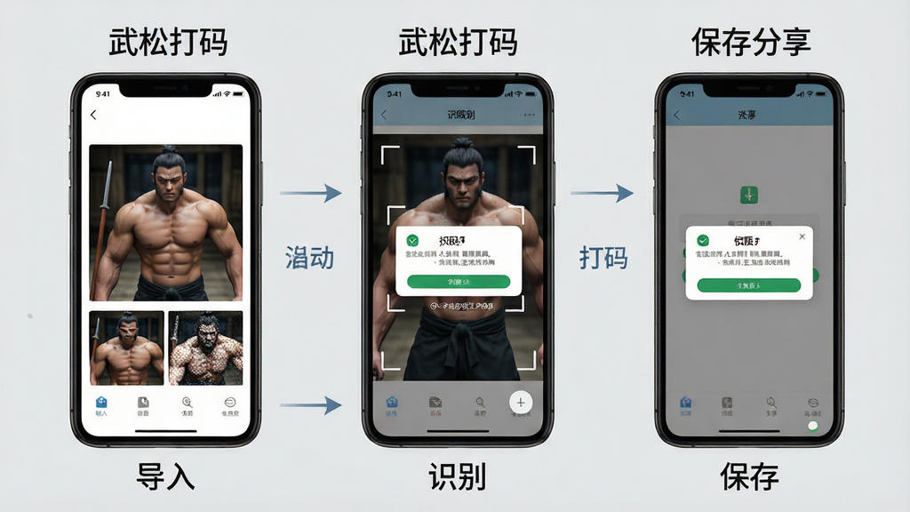 画面展示“武松打码”手机端操作流程示意图,左侧为导入图片步骤、中间为自动识别打码步骤、右侧为保存分享步骤,三个手机界面并排排列,每个界面下方有简短文字标签“导入”“识别”“保存”,背景为浅灰色,风格为教程图解风,细节包含箭头引导线、打码效果对比、权限弹窗示意,画质清晰干净无多余元素