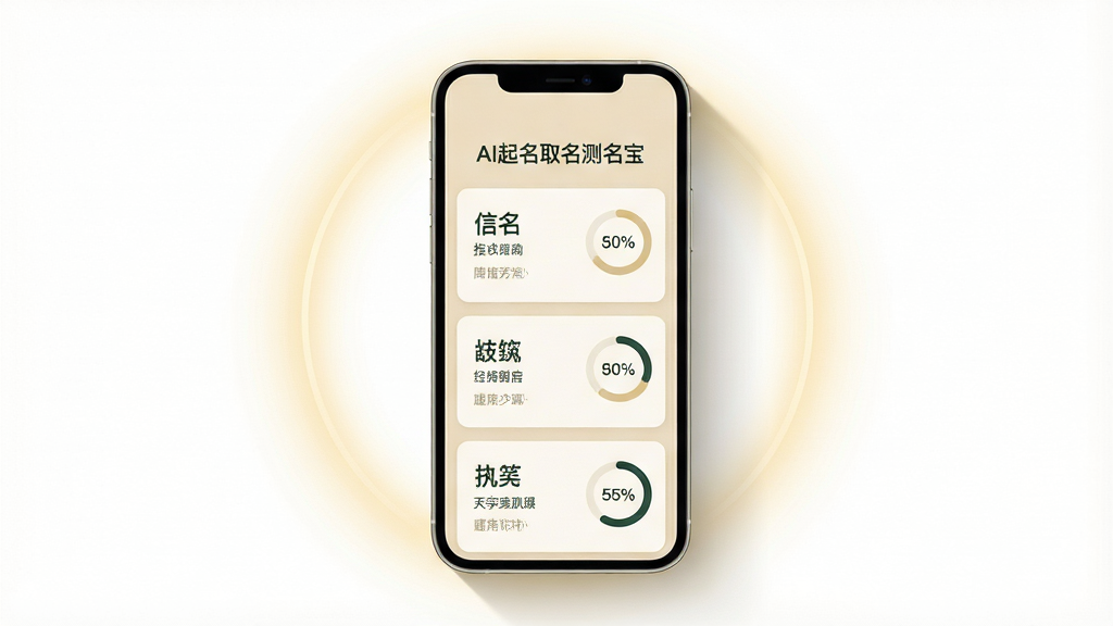 主体为一部智能手机居中放置,屏幕内展示浅米色背景的起名应用界面,上方标题写