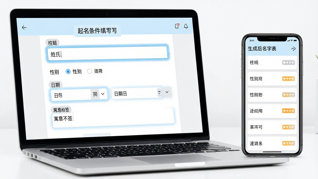 主体为一台打开的笔记本电脑与一部手机并排摆放,电脑屏幕显示起名条件填写表单,包含姓氏输入框、性别选项、日期选择器与寓意标签;手机屏幕展示生成后的名字列表;布局为电脑居左、手机居右,形成对比;排版为表单式布局,区块分明;风格为清爽办公风,配色以白、浅蓝、浅灰为主;细节包含表单高亮边框、名字列表的小评分标签;画质清晰,画面干净,无多余元素