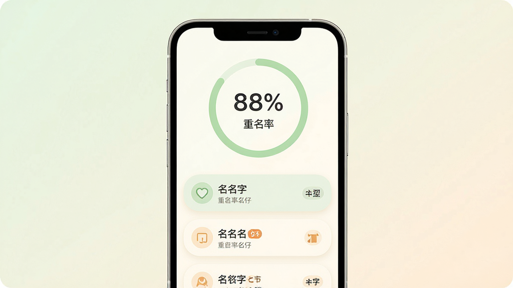 主体为一部手机竖屏展示重名查询结果页面,页面中央显示一个百分比圆环与