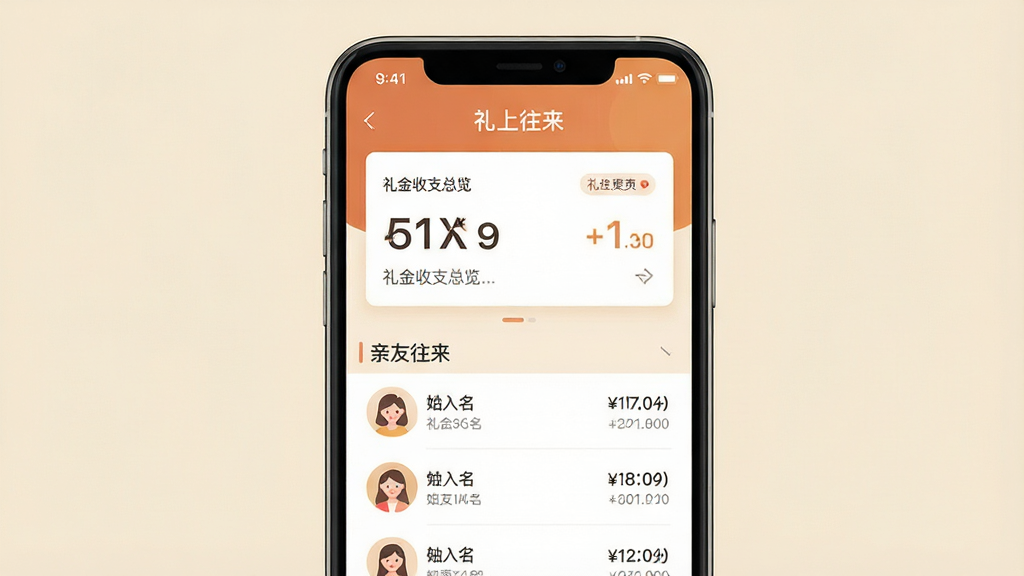 一张展示手机屏幕的图片,屏幕中央是“礼上往来”软件的主界面,界面布局清晰,上方显示礼金收支总览卡片,下方为亲友往来列表,列表项包含姓名和金额,整体采用暖色调扁平化设计风格,背景为浅米色,画面干净整洁,画质清晰,无多余装饰元素
