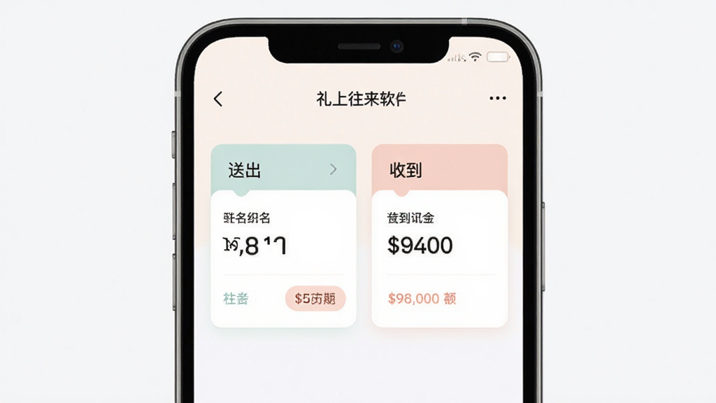 一张展示“礼上往来”软件礼金记录页面的图片,画面中手机屏幕显示两条并排的记录卡片,左侧为“送出”记录,右侧为“收到”记录,卡片上写有姓名和金额,界面采用卡片式布局,配色柔和,风格简洁,画质清晰,背景干净