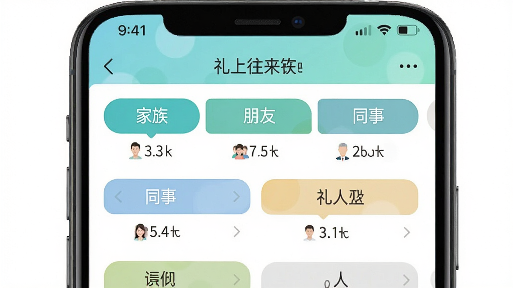 一张展示“礼上往来”软件亲友分组管理界面的图片,手机屏幕中显示多个分组标签,如“家族”“朋友”“同事”,每个标签下方显示对应人数,界面采用标签式导航设计,配色清新,布局整齐,画质清晰,背景为纯白色