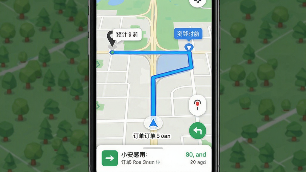 小安骑士一键路线导航功能展示,主体为手机屏幕上的地图导航界面,布局为手机居中、地图占满屏幕、底部显示订单信息条,排版突出多条路线连线与转向箭头,风格为清爽地图视觉,细节包括起点终点图标、预计时间气泡、蓝色路线高亮,画质高清、画面干净、无多余元素