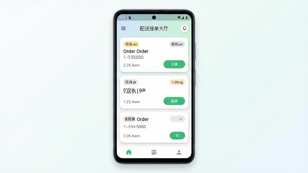 小安骑士手机应用界面展示,主体是一部竖屏安卓手机,屏幕中央显示配送接单大厅列表,包含订单卡片、距离标签和接单按钮,布局为手机居中、浅色渐变背景、四周留白,排版简洁清晰,风格为现代扁平化UI设计,细节包括状态栏时间图标、底部导航栏三个图标、订单卡片圆角与阴影,画质高清、画面干净、无多余元素
