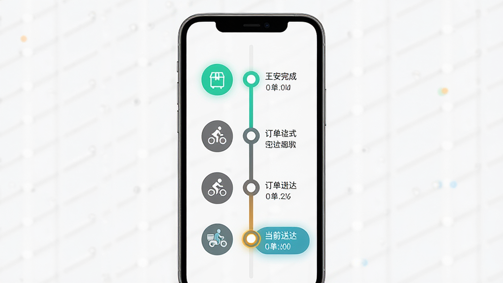 小安骑士订单状态实时同步功能展示,主体为手机屏幕上的订单进度时间轴,布局为手机居中、时间轴纵向排列、每个节点配图标,排版突出已完成节点与当前节点的高亮对比,风格为简约信息图风格,细节包括取货图标、骑行图标、送达图标与时间戳,画质高清、画面干净、无多余元素