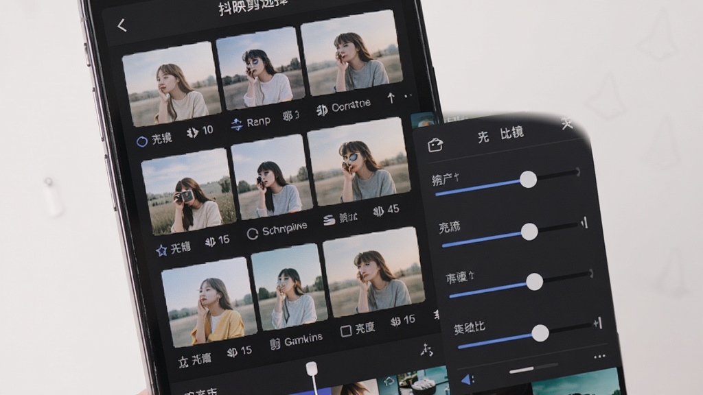 画面展示抖映剪辑软件的滤镜选择面板,手机屏幕上排列多款滤镜预览缩略图,旁边有亮度对比度调节滑块,界面配色柔和,背景干净整洁,细节清晰,画质干净,无多余元素