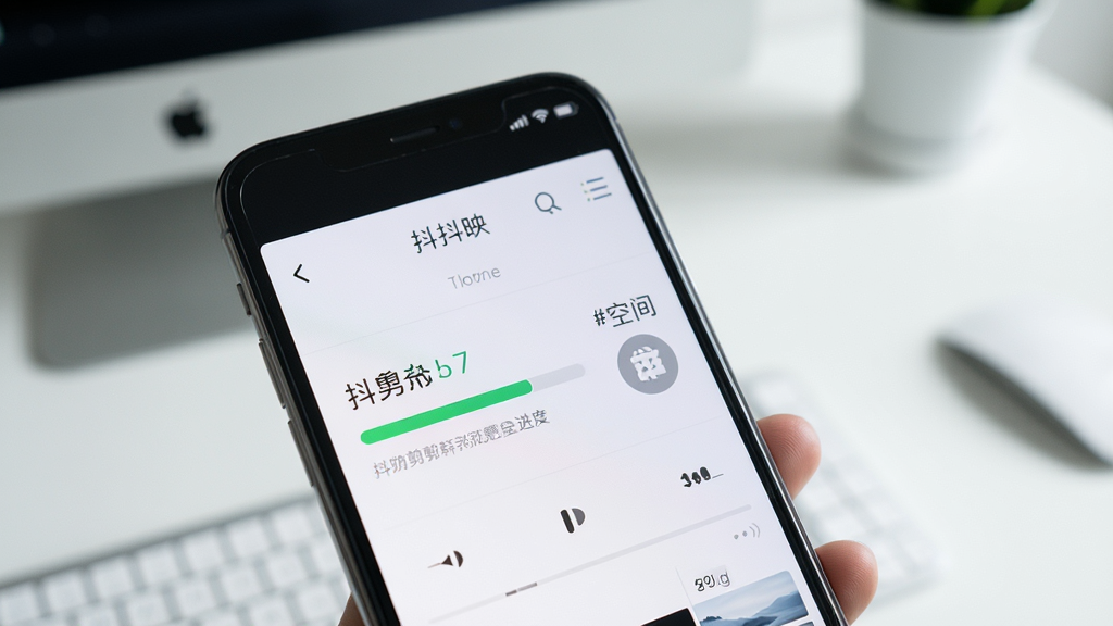 画面展示一部手机屏幕显示抖映剪辑导出进度界面,进度条清晰可见,旁边有存储空间提示图标,背景为简洁的桌面环境,风格清爽,细节清晰,画质干净