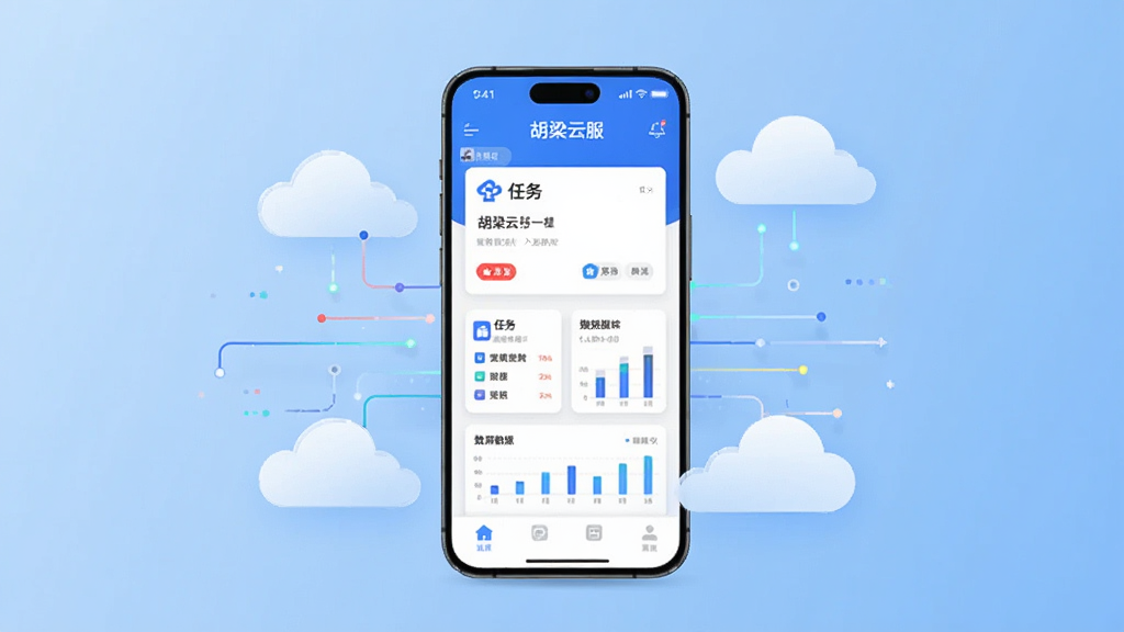画面中央展示一部智能手机,手机屏幕显示“胡梁云服”应用主界面,界面包含任务卡片与数据图表,手机周围环绕云朵与数据流线条,背景为浅蓝色渐变,整体采用扁平化科技风格,细节清晰,画质干净明亮,无多余元素
