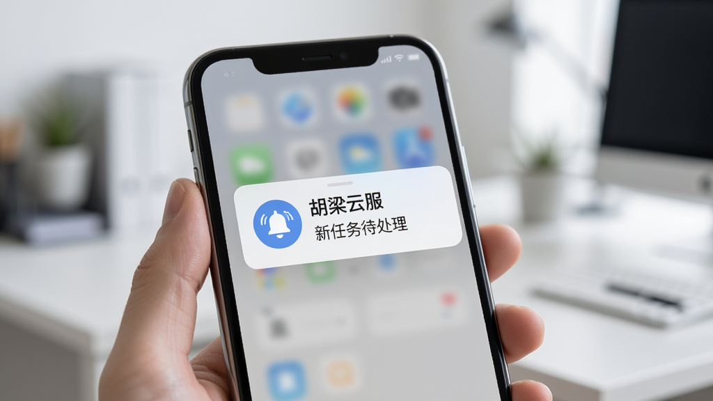 画面主体为一只手持手机,手机屏幕弹出“胡梁云服”消息提醒卡片,卡片上有铃铛图标与“新任务待处理”字样,背景为虚化的办公场景,风格现代简洁,光线柔和,画质细腻干净,无杂乱元素