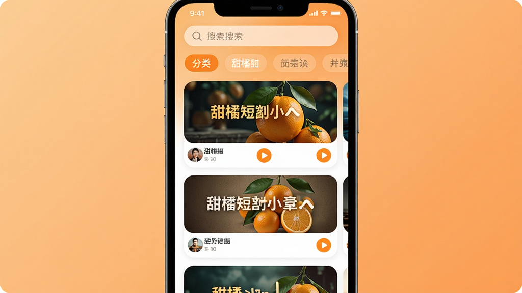 一张展示甜橘应用主界面的手机屏幕效果图,画面中央是手机竖屏,屏幕内呈现甜橘短剧首页推荐列表,包含多张剧集封面卡片与分类标签,背景为柔和的暖橘色调渐变,布局简洁居中,风格清新现代,细节包括卡片圆角、播放按钮图标与顶部搜索栏,画质清晰干净,无多余元素