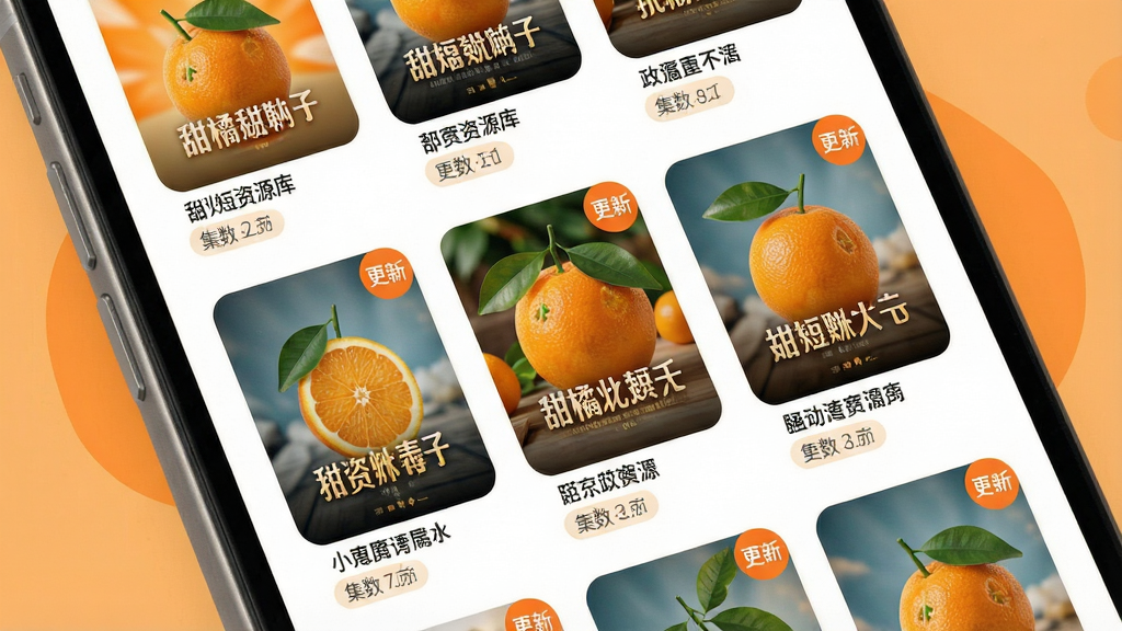 一张表现甜橘短剧资源库的界面示意图,画面主体为手机屏幕内呈现多行剧集海报网格,每张海报下方配有剧名与集数标签,背景采用浅橘色与白色搭配,布局整齐有序,风格明亮活泼,细节包括海报圆角与更新角标,画质清晰干净,无多余元素
