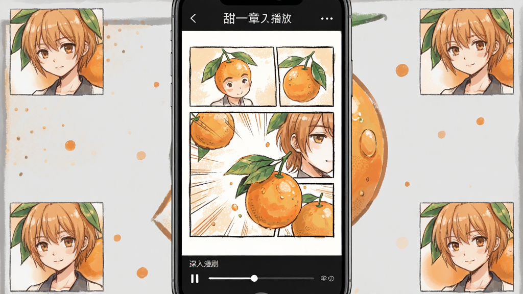 一张展示甜橘漫剧播放界面的手机效果图,画面中央手机屏幕内呈现漫画风格分镜画面与底部播放进度条,画面角落有小幅角色特写,背景为淡灰色与橘色点缀,布局以手机为主体居中,风格二次元清新,细节包括分镜边框与章节标题,画质清晰干净,无多余元素