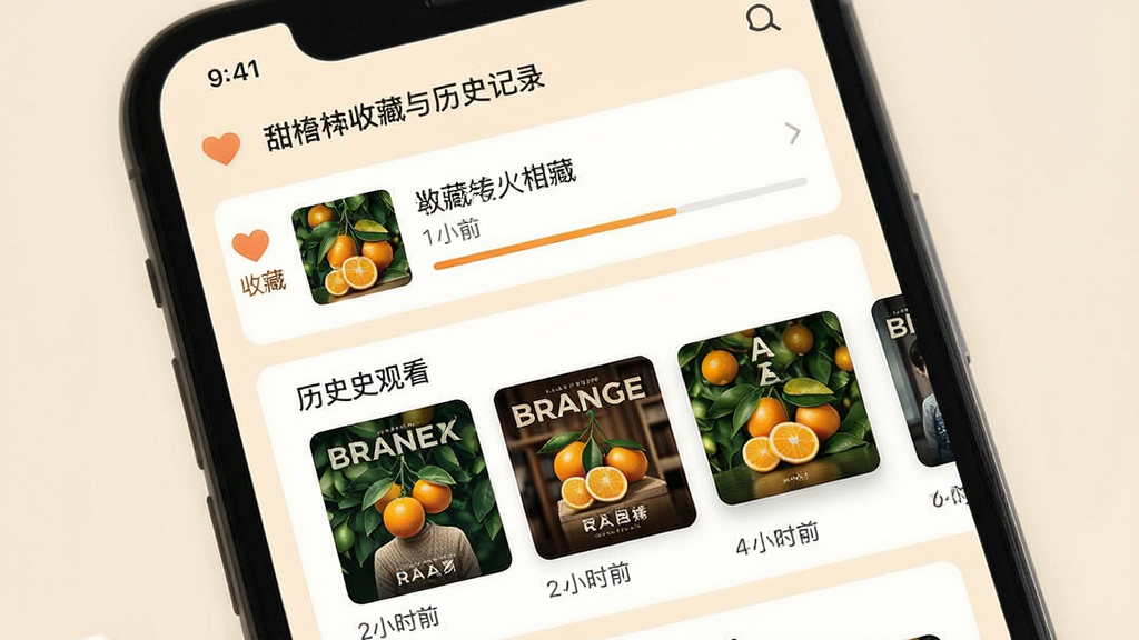 一张展示甜橘收藏与历史记录页面的手机效果图,画面中央手机屏幕内呈现收藏列表与历史观看卡片,卡片带有剧集封面与进度条,背景为柔和米白色,布局清晰分区,风格简约温馨,细节包括收藏心形图标与时间标签,画质清晰干净,无多余元素