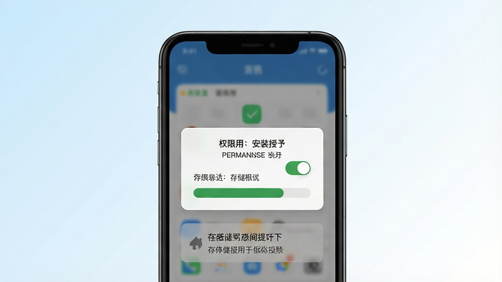 一张表现手机应用安装与权限设置引导的示意图,画面主体为手机屏幕显示权限授予弹窗与存储空间提示,背景为浅蓝色与白色渐变,布局居中清晰,风格实用简洁,细节包括权限开关图标与存储条,画质干净,无多余元素
