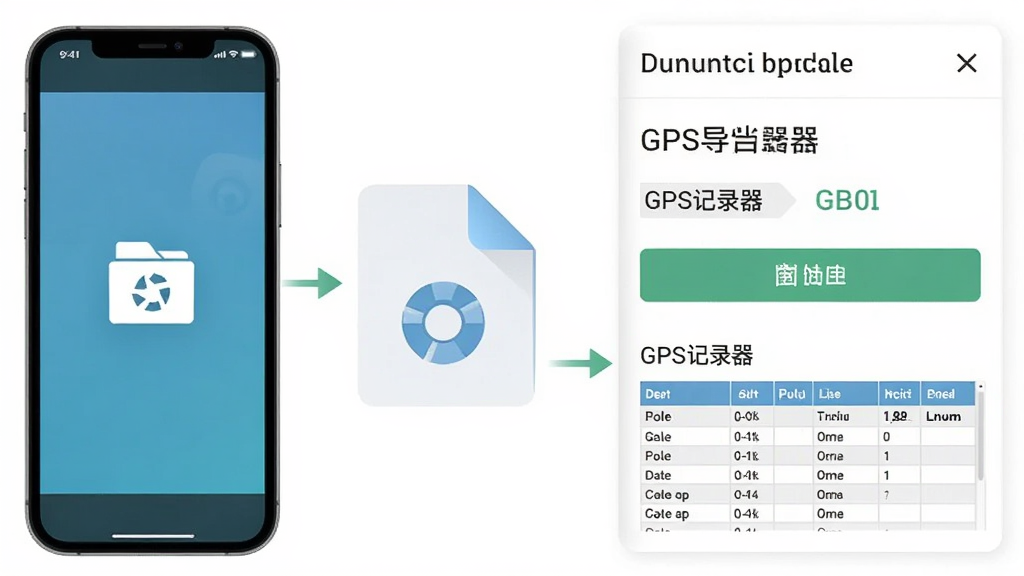 “GPS记录器”数据导出功能示意图,主体为手机屏幕与文件图标组合,布局为左侧手机右侧导出文件列表,风格清爽简约,细节包含格式标签、导出按钮、数据表格缩略图,画质高清干净,无多余元素