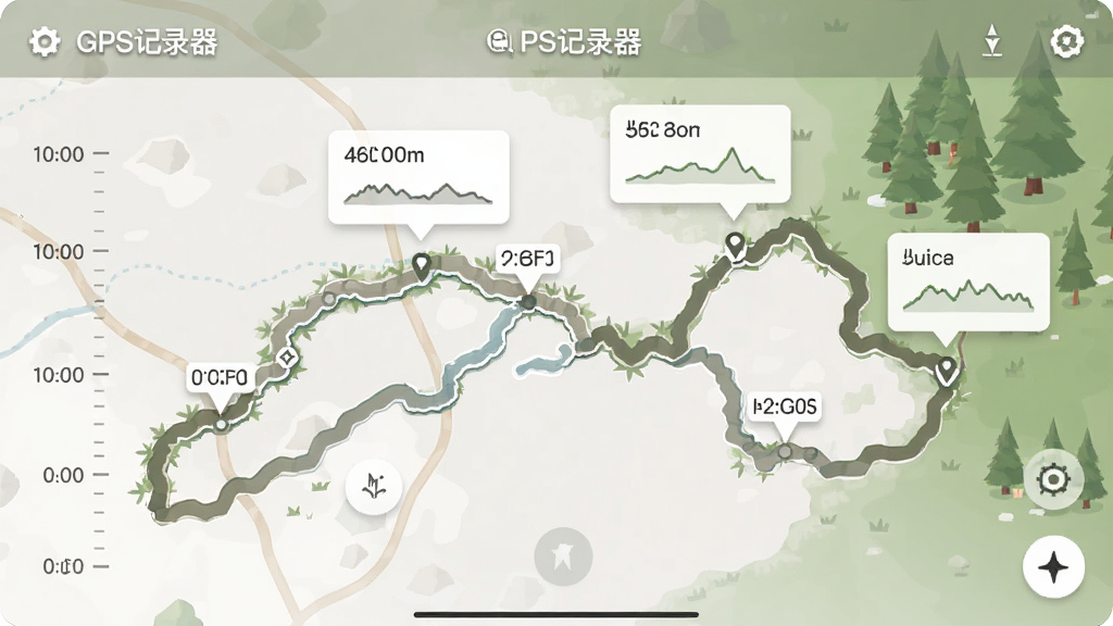 “GPS记录器”应用功能展示图,主体为一条蜿蜒的户外徒步路线轨迹,布局为轨迹线条贯穿画面,风格写实与扁平结合,细节包含时间刻度、坐标标记点、海拔数据小卡片,画质清晰干净,无多余元素