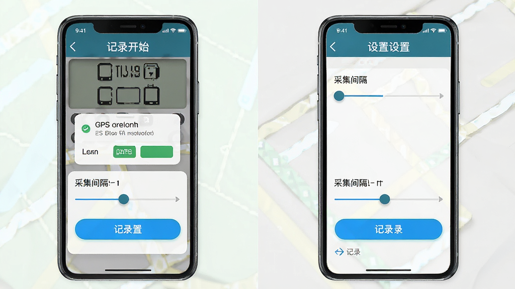 “GPS记录器”操作流程示意图,主体为手机屏幕展示记录开始与设置界面,布局为左右分屏对比,风格简洁直观,细节包含权限弹窗、采集间隔滑块、记录按钮高亮,画质清晰干净,无多余元素
