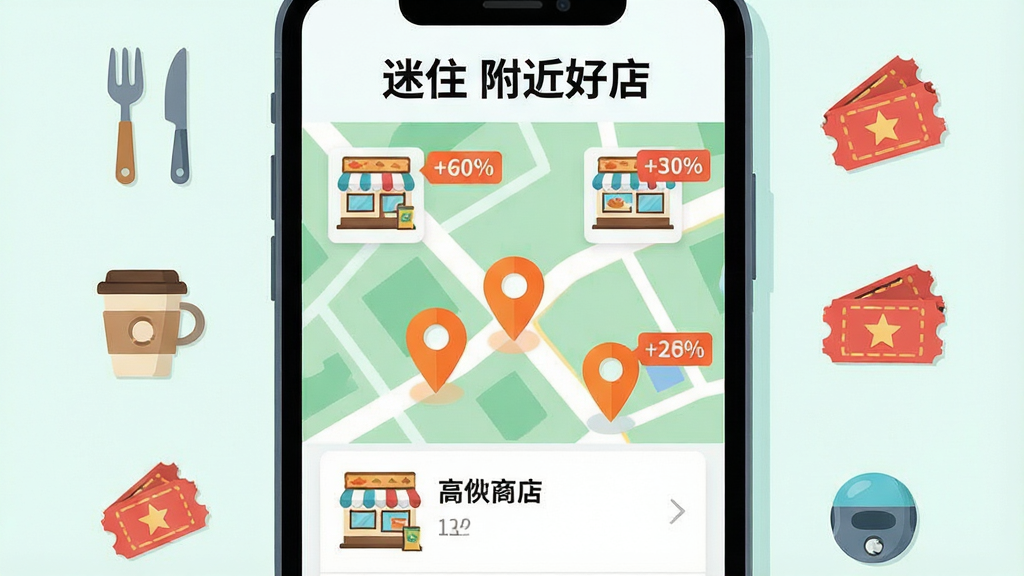 一张俯视视角的插画,画面中央是一部手机,手机屏幕显示地图与周边商家列表,地图上分布着多个橙色定位图标,每个图标旁有小型店铺缩略图与折扣标签;手机周围环绕着刀叉、咖啡杯、电影票等小图标,象征多品类聚合;风格为扁平化矢量插画,配色清新,布局居中对称,细节干净,画质锐利,屏幕内文字为“迷住 附近好店”。