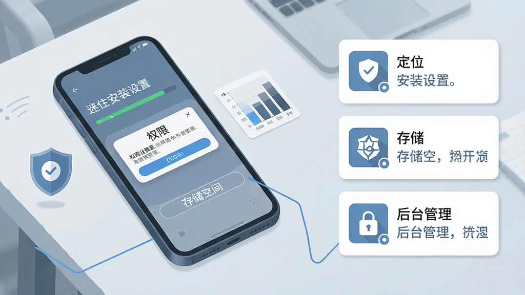 一部手机平放在桌面上,屏幕显示安装进度条与权限设置弹窗,旁边有盾牌图标与存储空间示意图;画面右侧列出三条提示卡片,分别标注定位、存储与后台管理图标;风格为简洁的信息图插画,配色以蓝灰为主,布局左图右文,细节干净,画质清晰,屏幕内文字为“迷住 安装设置”。